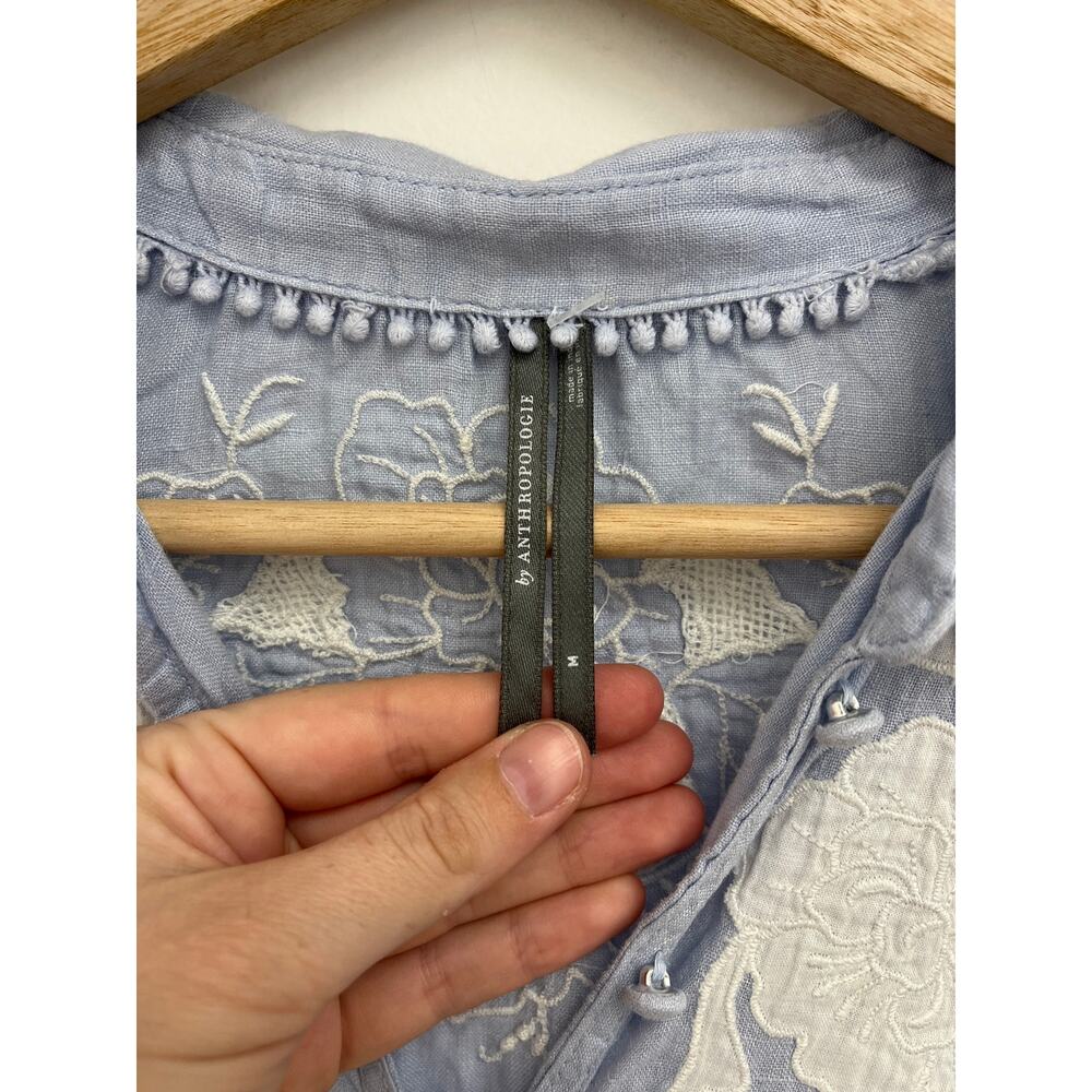LIKE NEW Anthropologie Light Blue and Cream Short Sleeve Peplum Button Top - Picture 7 of 14